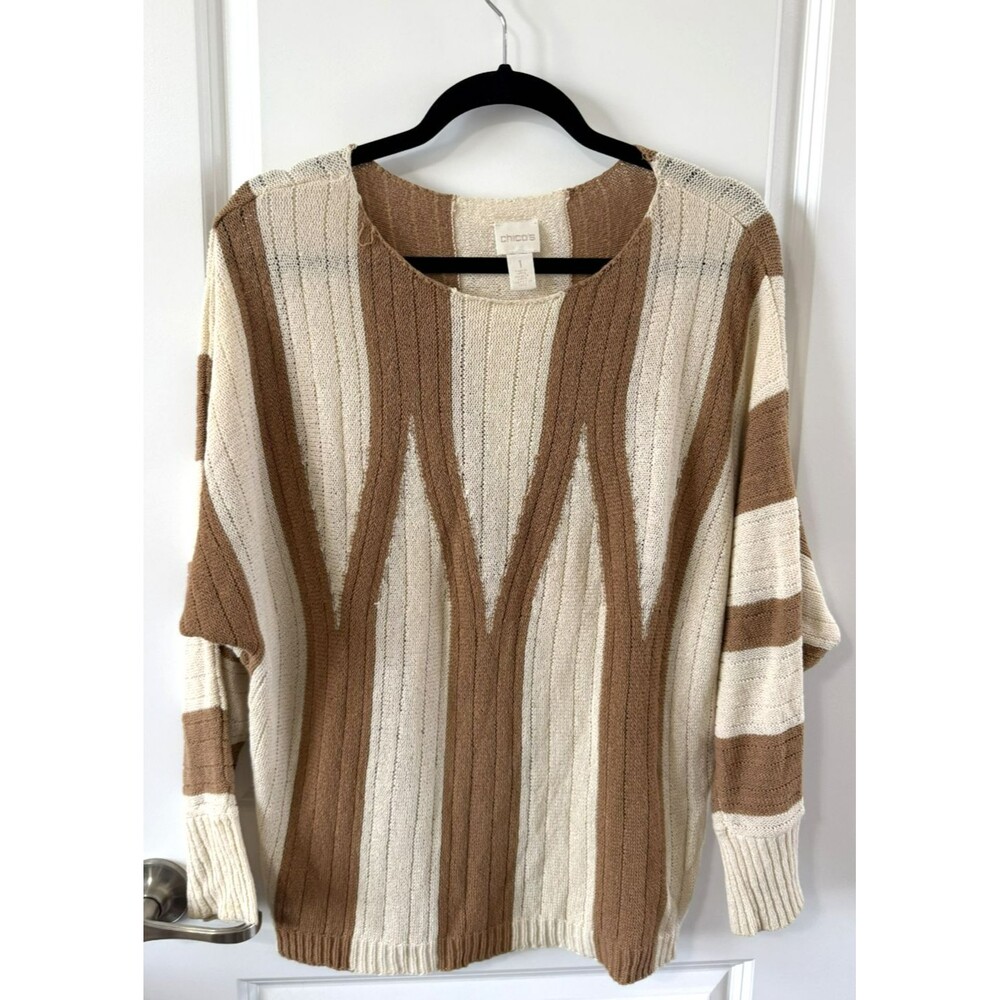 Chico’s striped Detail Sonia Pullover Sweater Cream Tan Size 1 Med